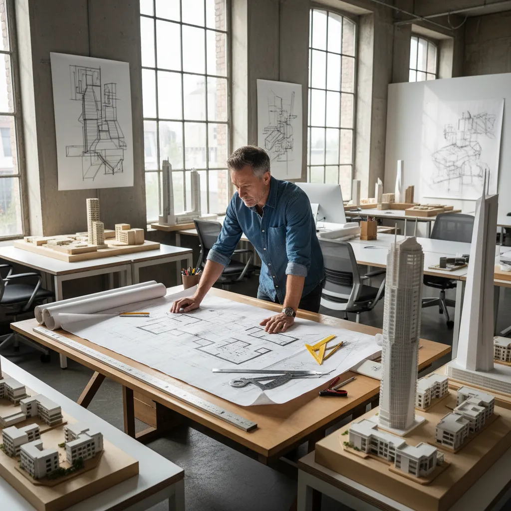 Arquitecto trabajando sobre planos arquitectónicos de un edificio