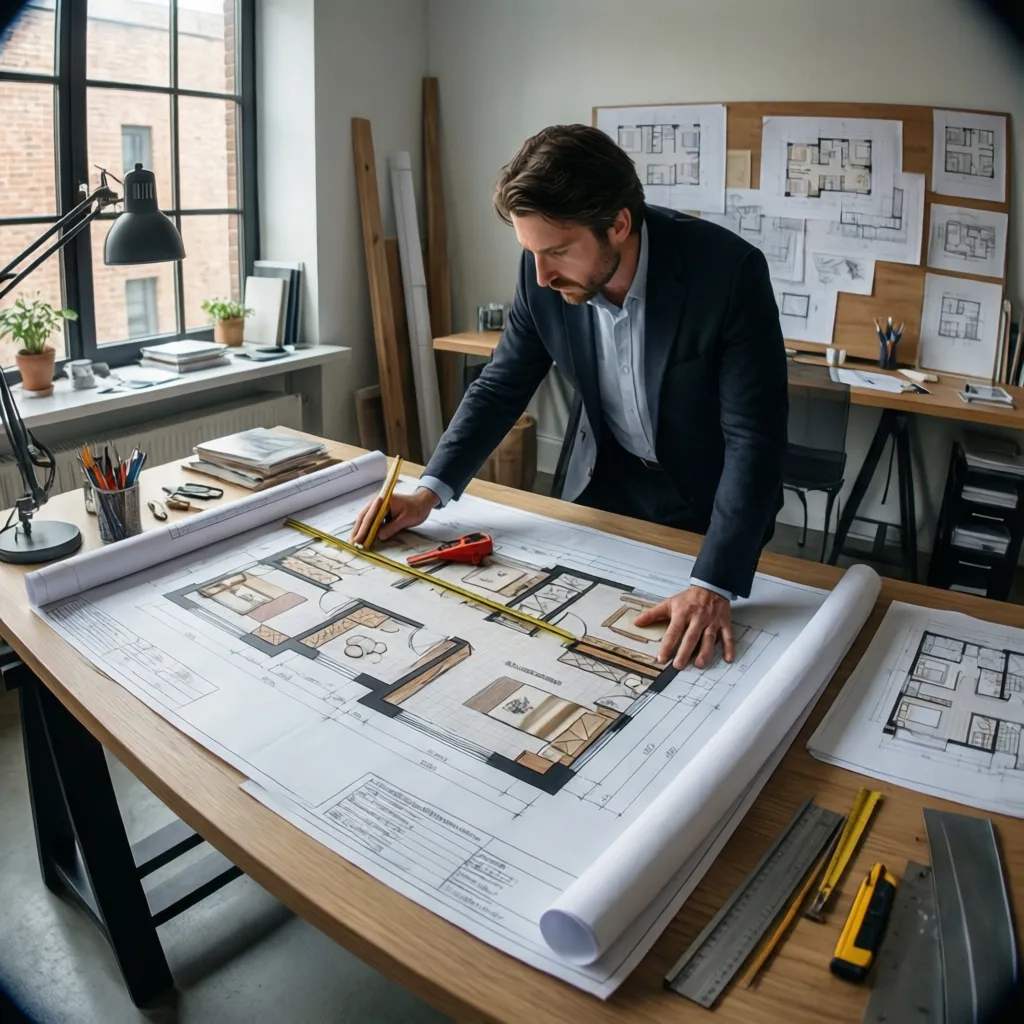Arquitecto revisando planos estructurales en un estudio de arquitectura