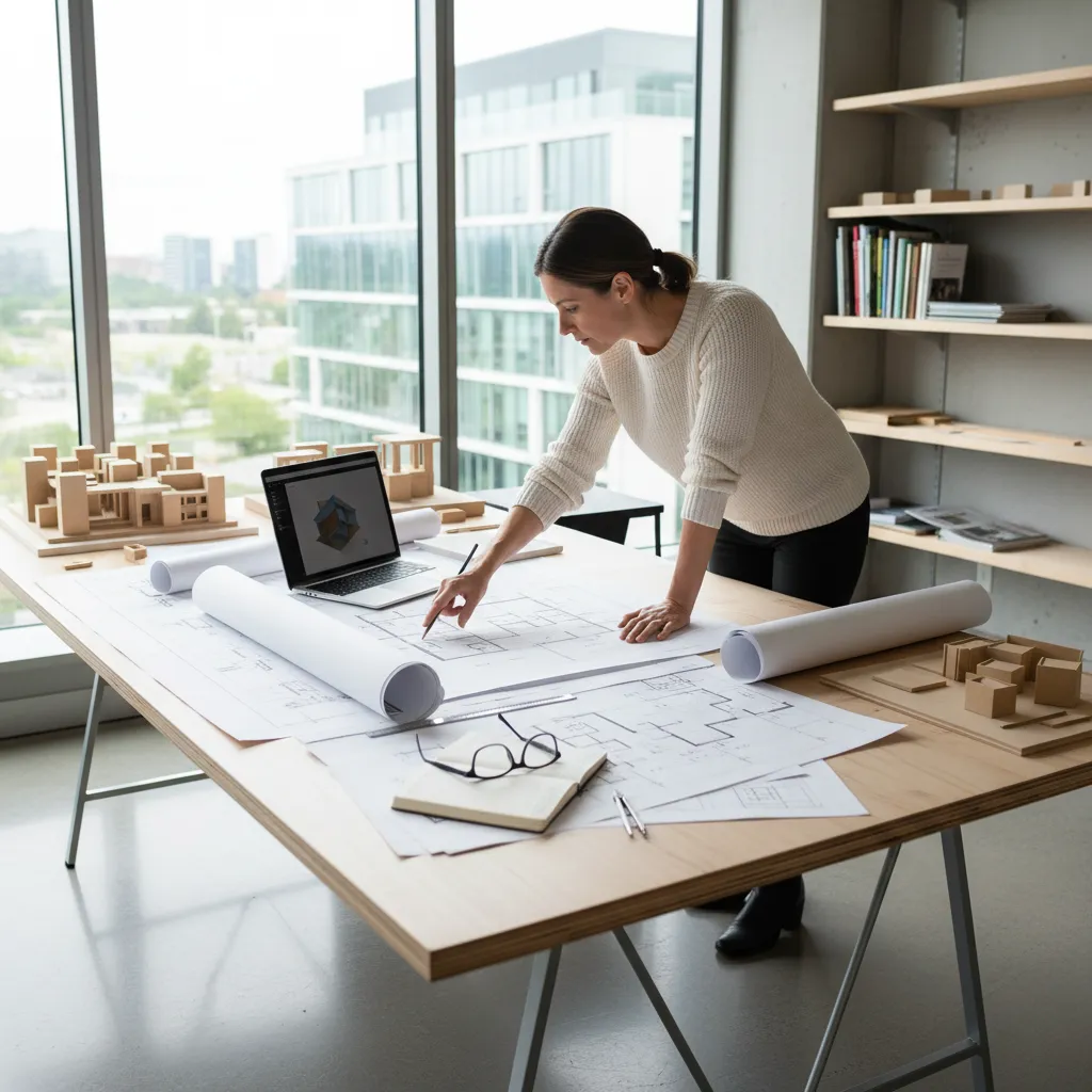 Arquitecto revisando un plano de vivienda moderna