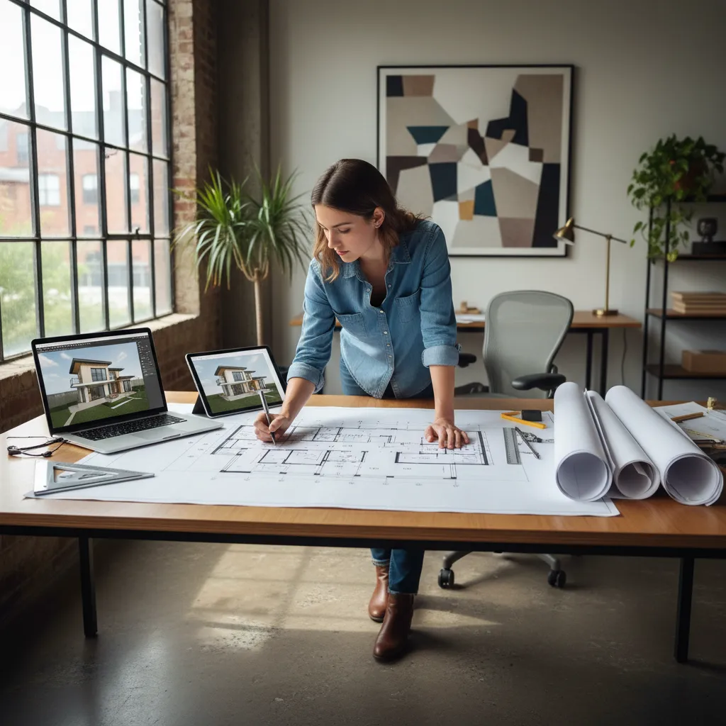 Arquitecto trabajando en planos de una casa moderna