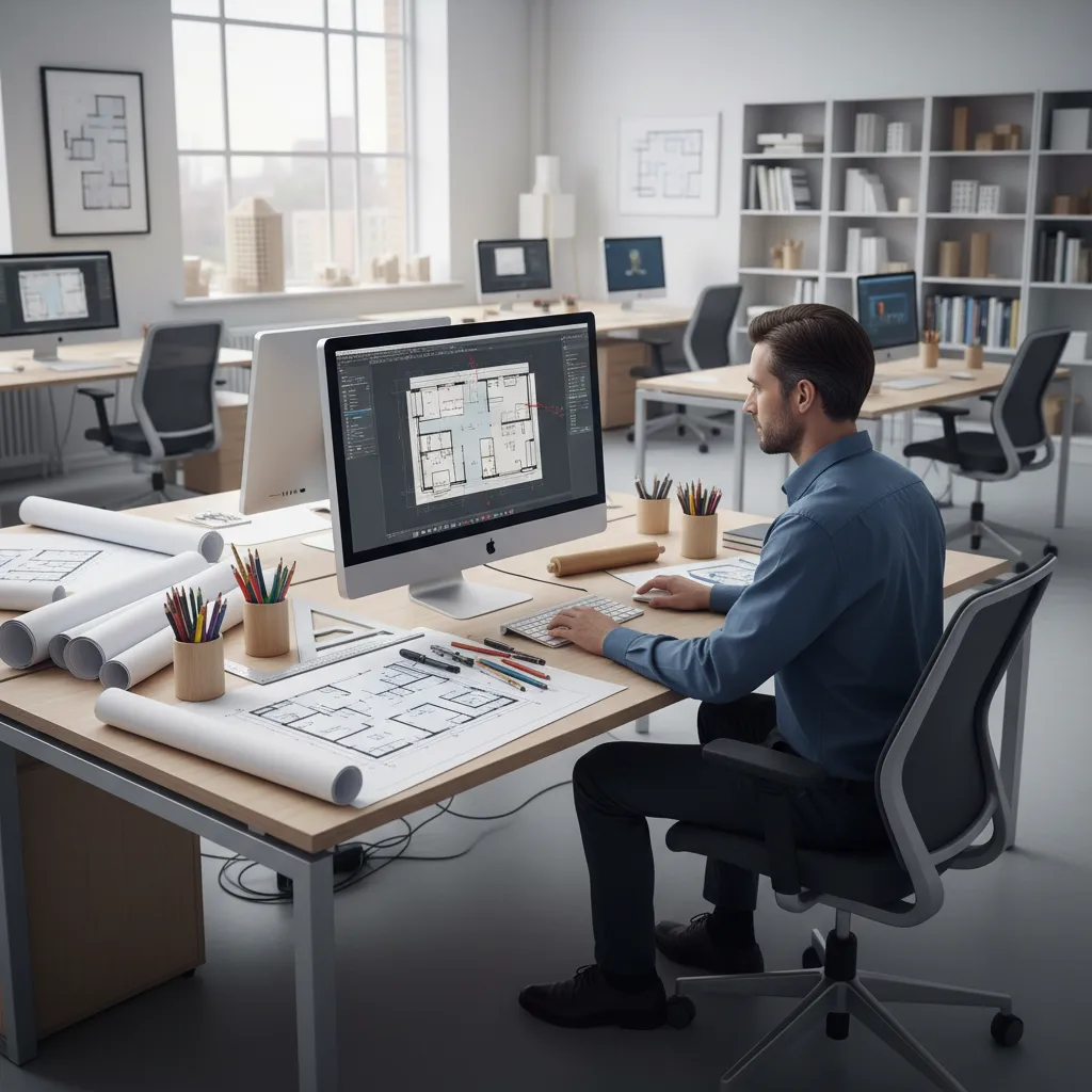 Architect drafting a detailed 2D floor plan on computer with printed architectural drawings on desk