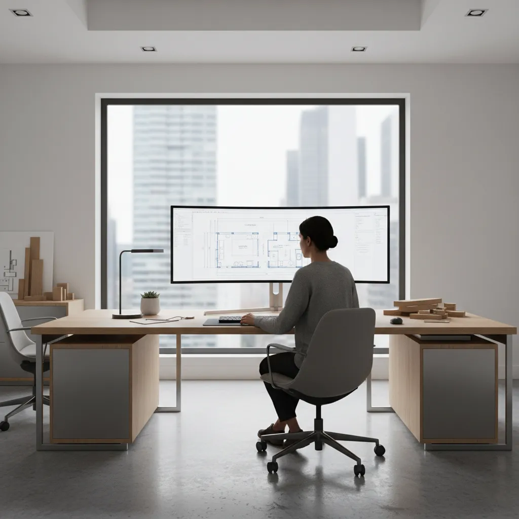 designer creating a detailed 2D floor plan on a large monitor