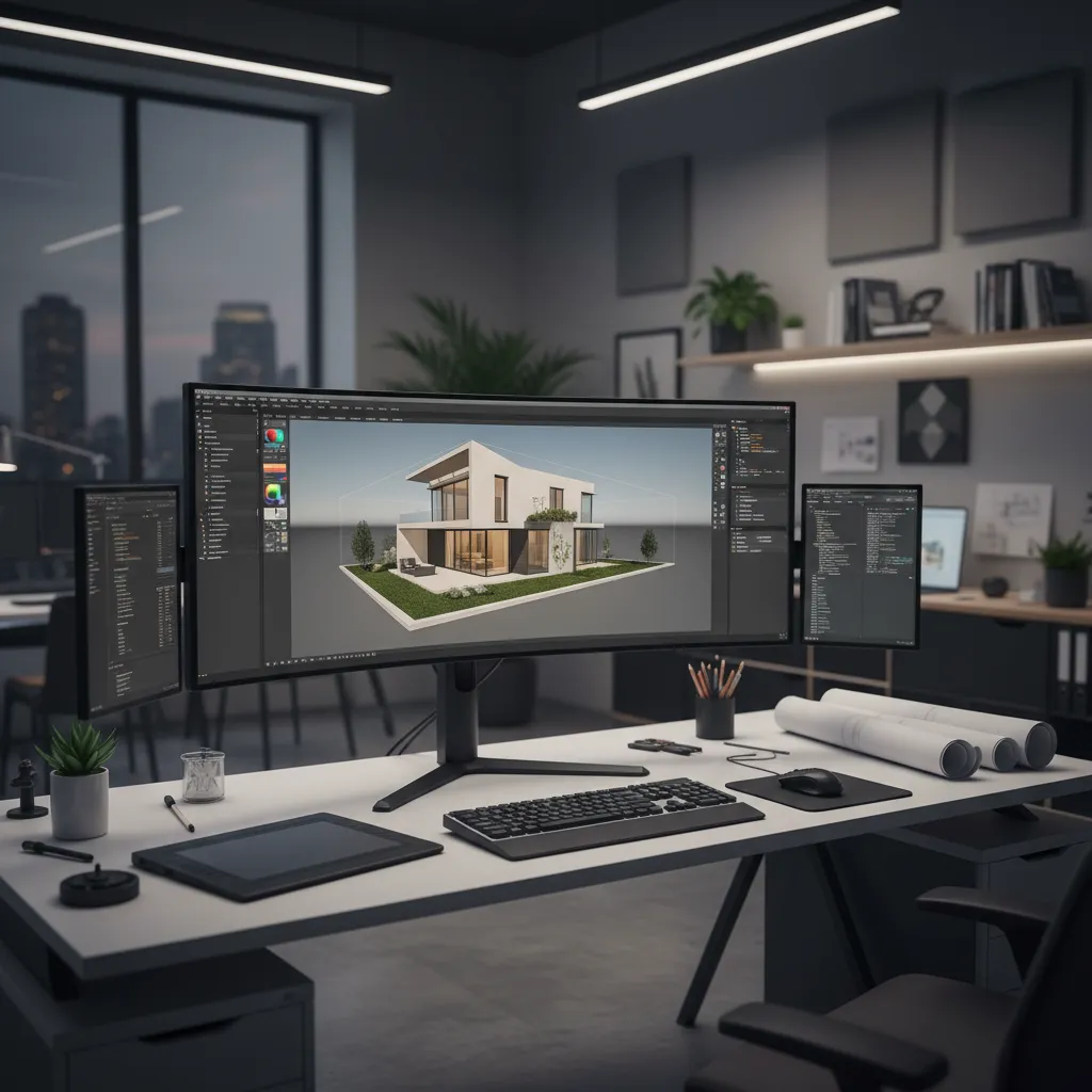 designer creating a 3D architectural rendering of a house on a computer workstation