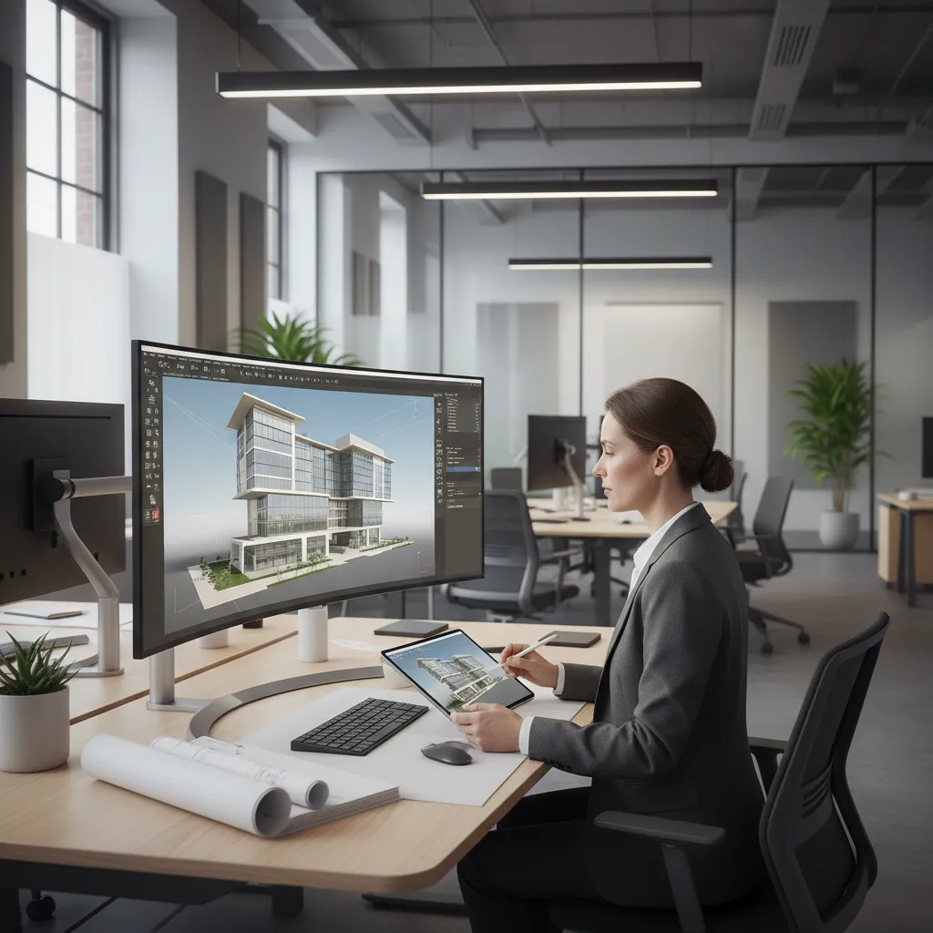 Architect reviewing architectural 3D rendering model on a computer screen