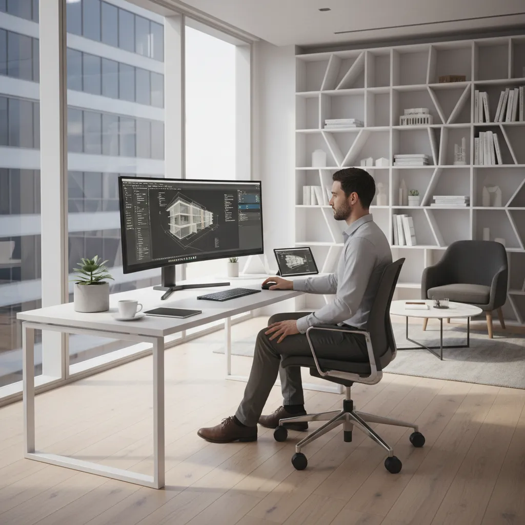 Architect working on CAD design project at a clean workstation