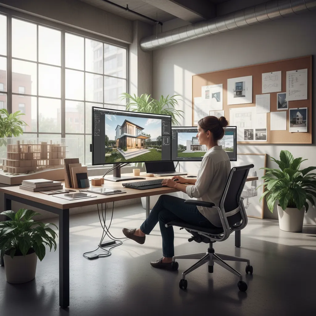 designer creating a 3D house exterior rendering on computer