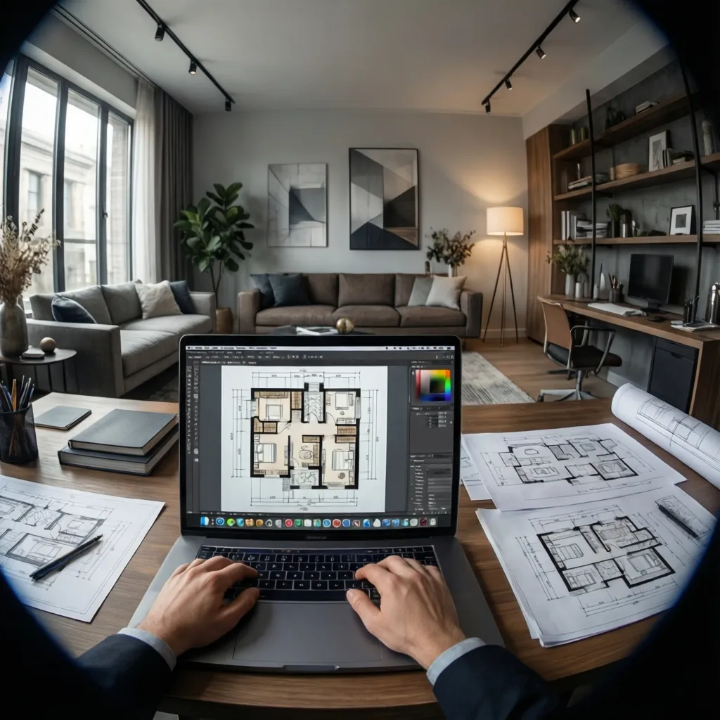 Architect designing a digital floor plan on a laptop at a desk with sketches