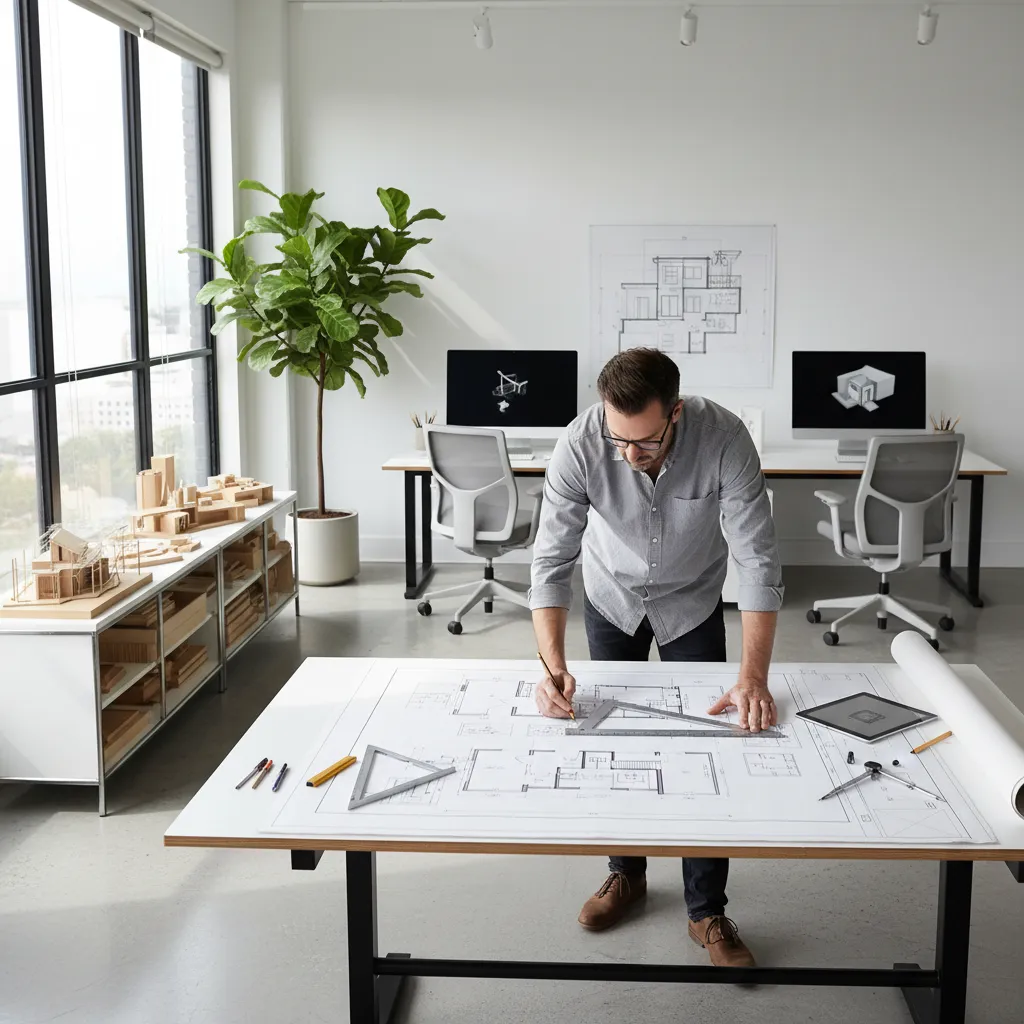 Architect creating residential construction drawings on a drafting table