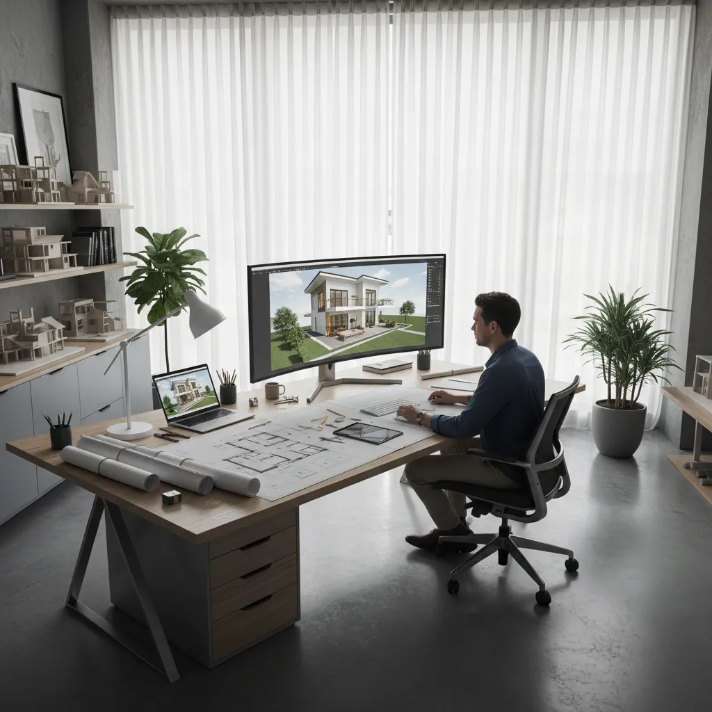 architect reviewing a 3D house model created from floor plans on a large screen