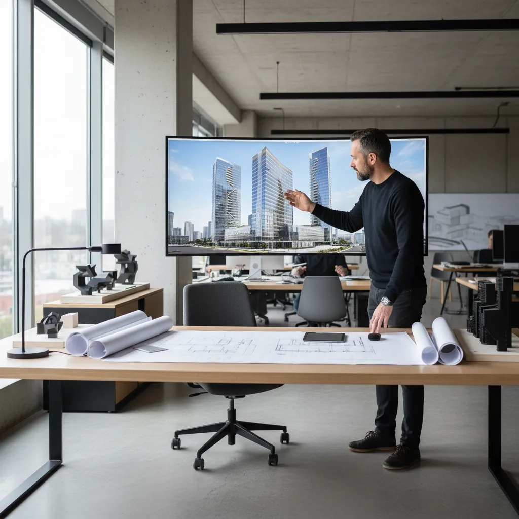 Architect reviewing 3D architectural rendering on large computer screen