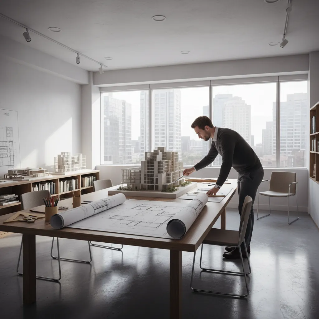 Architect working on building model at a desk with floor plans in a bright modern office