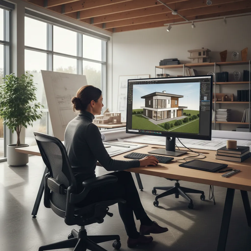 architect reviewing residential building software model on computer