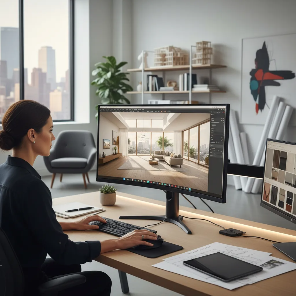designer creating realistic house rendering on computer with 3D architectural software