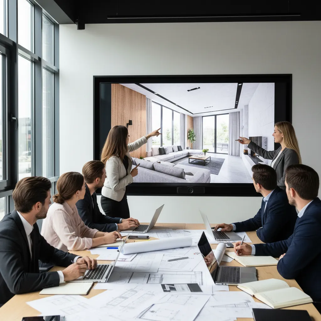 Architects reviewing architectural 3D rendering on large screen during design meeting