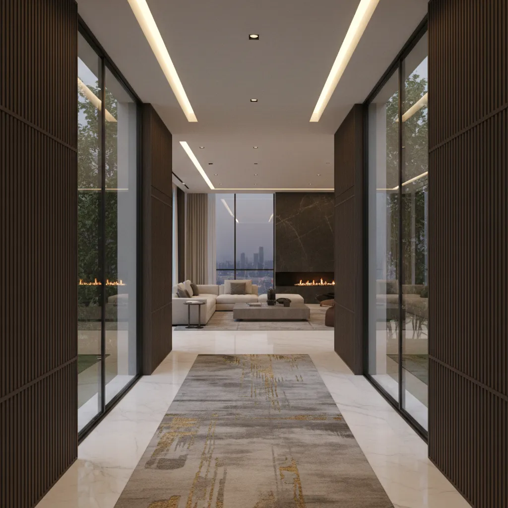Architectural 3D animation walkthrough frame showing modern interior space