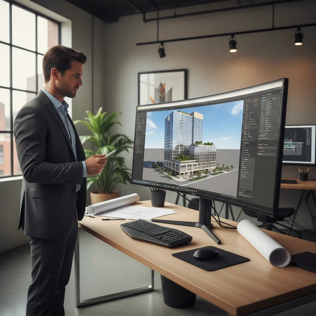 Architect reviewing a detailed 3D building model on screen