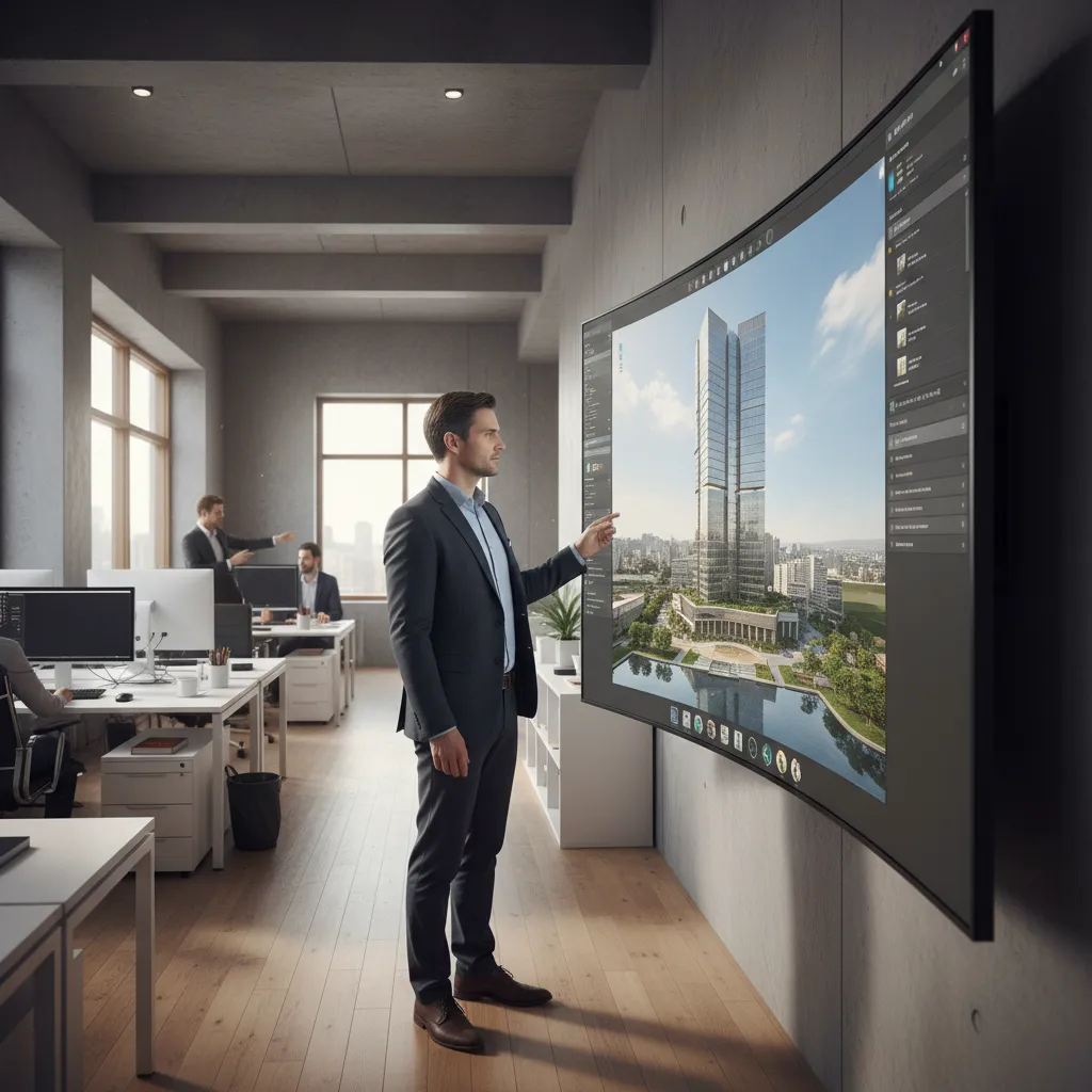 Realistic architectural 3D building model visualization displayed on computer