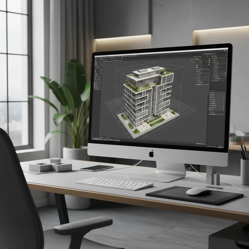 architectural 3D elevation model displayed on computer screen during workflow process