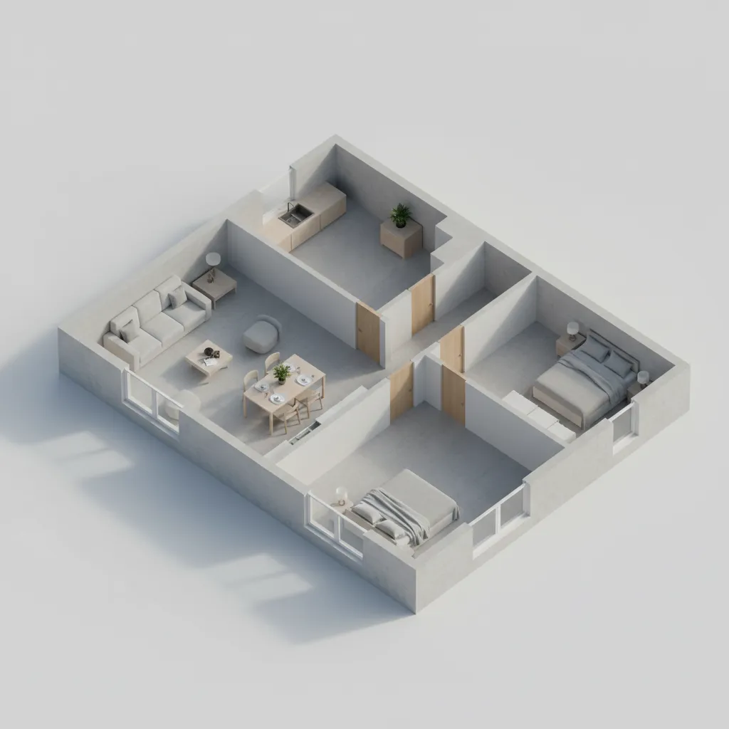 architectural 3D floor plan layout showing multiple rooms in a residential house design
