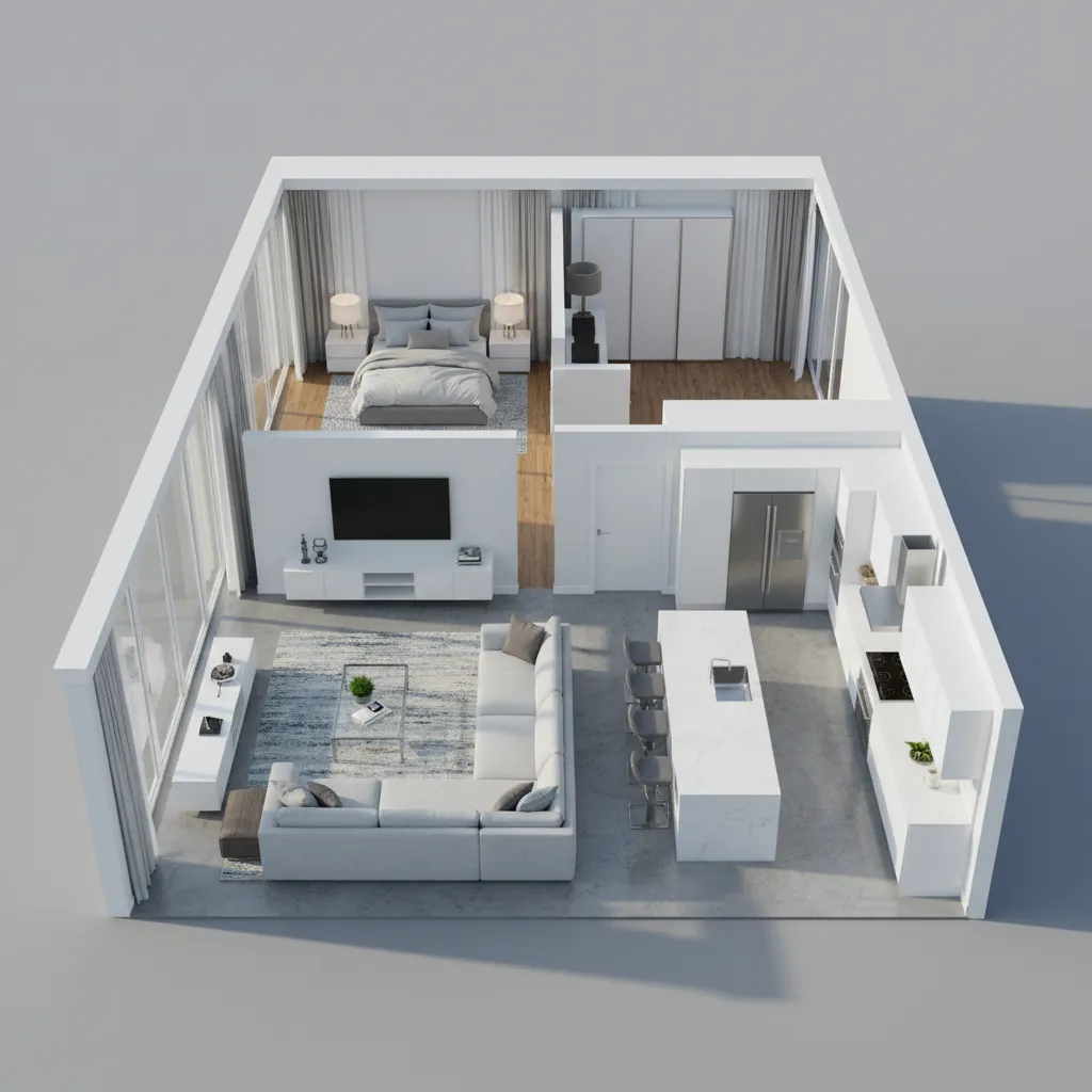 architectural 3D floor plan layout visualization showing multiple rooms