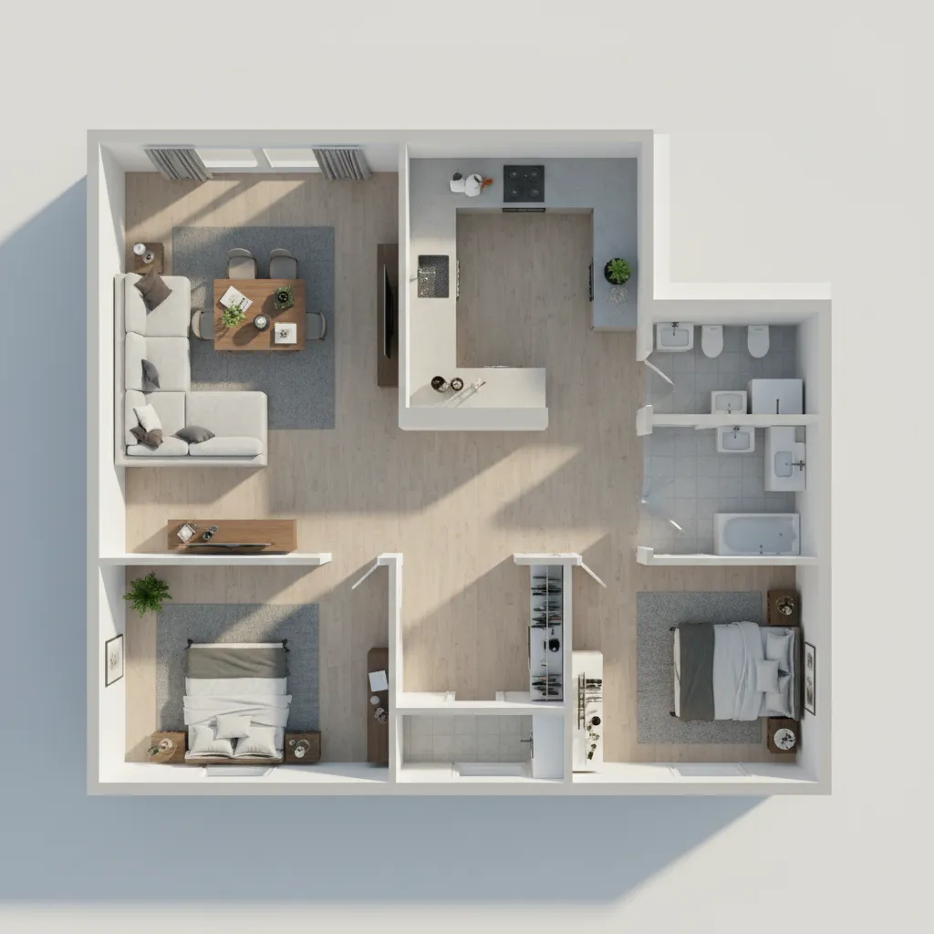 detailed 3D floor plan model showing accurate furniture scale and layout