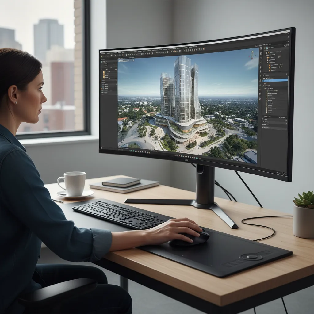 Architectural 3D modeling and rendering workflow displayed on computer screen