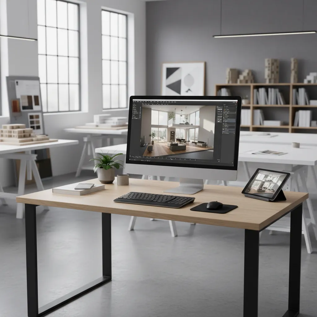 Interior designer reviewing a 3D apartment model on a computer screen