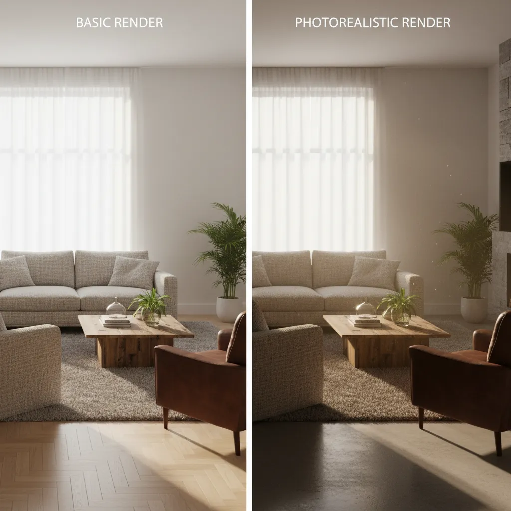 comparison of basic vs photorealistic 3D interior rendering quality