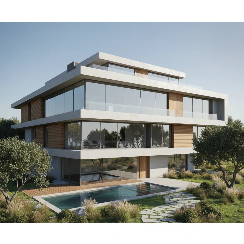 Photorealistic architectural render created from an extruded CAD building model