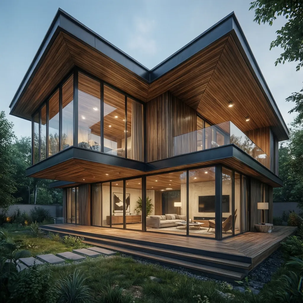 Render 3D de casa moderna con iluminación natural