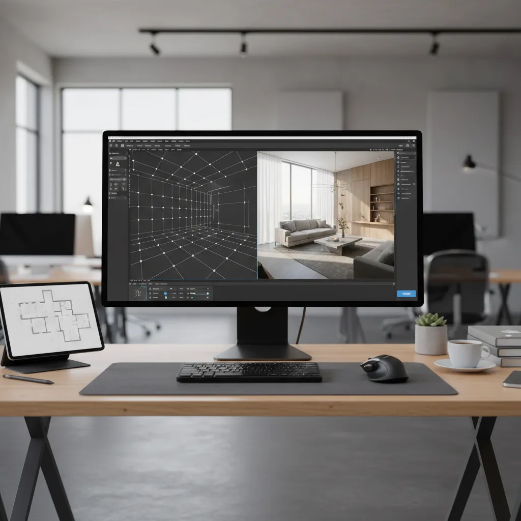 3D architectural rendering software displaying interior model and lighting setup