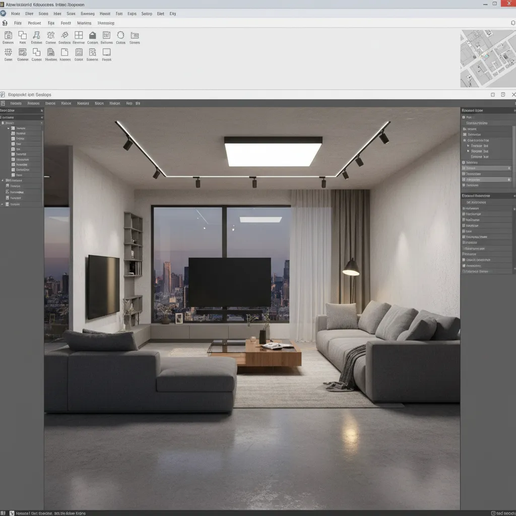3D rendering scene setup showing lighting and materials in interior visualization