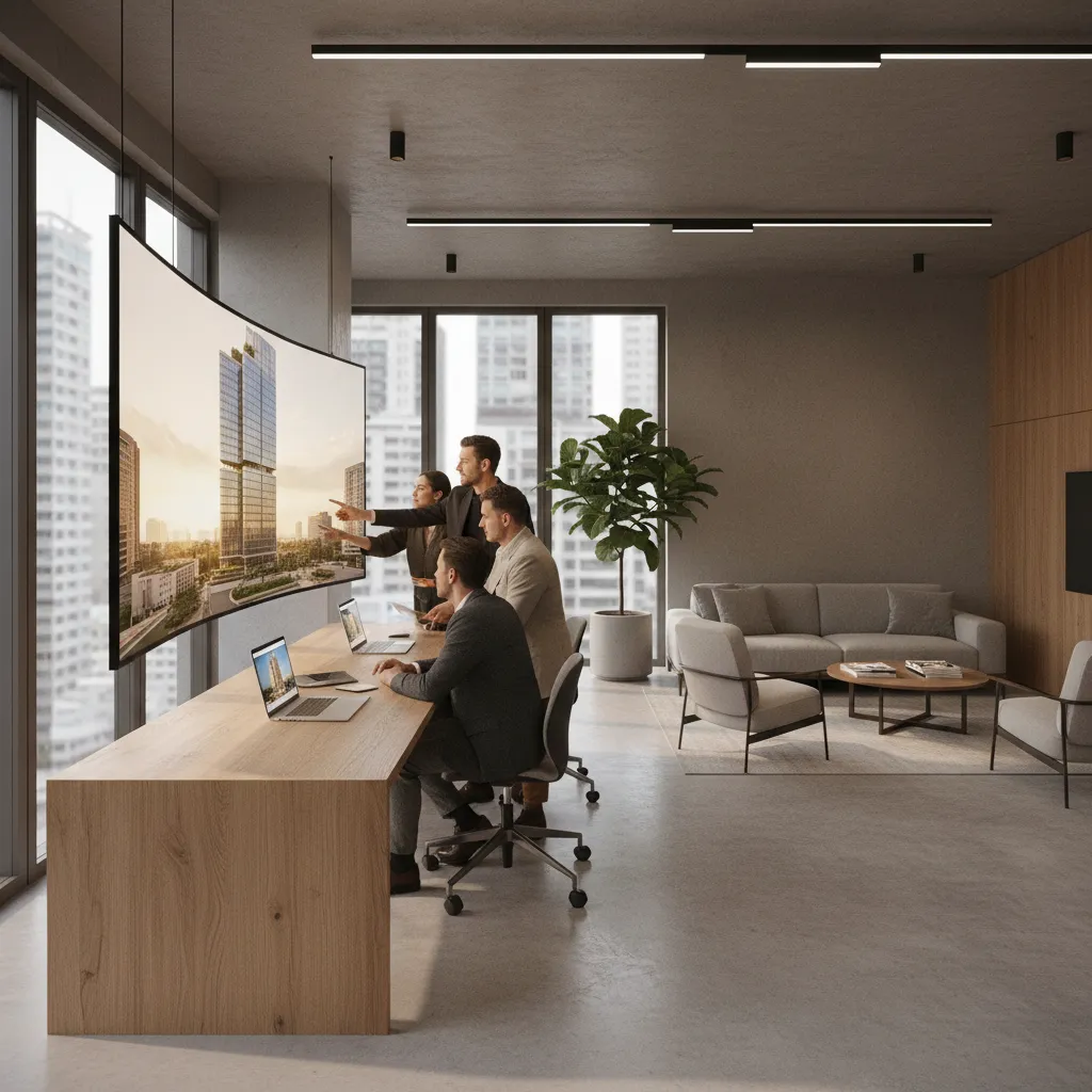 Architectural visualization team reviewing photorealistic 3D rendering on large monitor