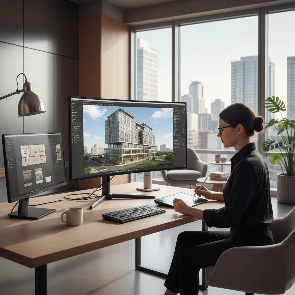 designer creating architectural 3D render on computer with modeling software