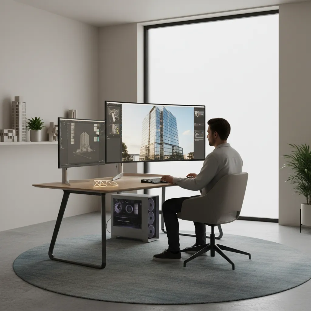 architectural visualization artist creating a building render on a workstation