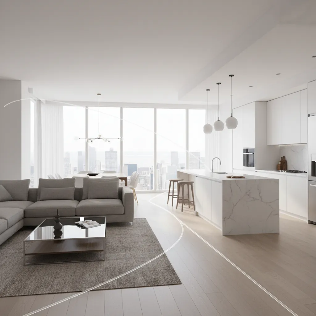 visualization of a camera path moving through a modern apartment interior
