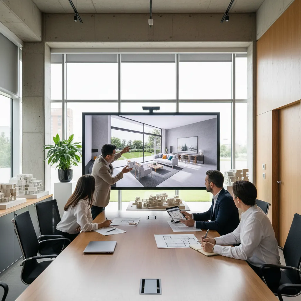 Architect presenting animated interior design walkthrough to clients