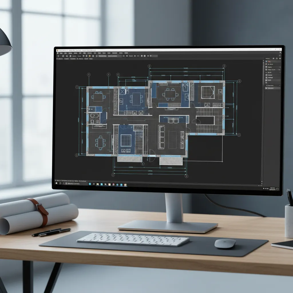 architectural 2D floor plan being drafted in AutoCAD software interface