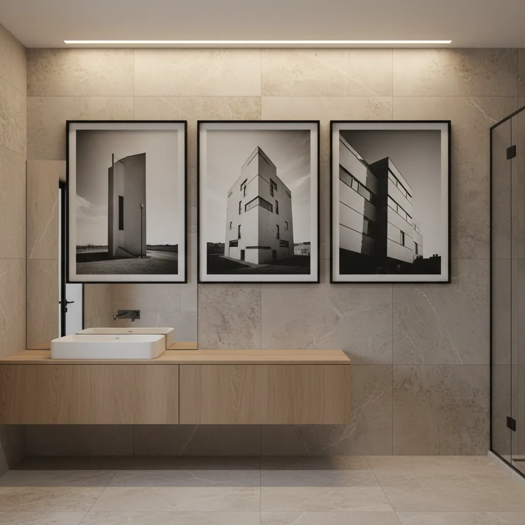 Masculine bathroom wall art featuring framed architectural photography