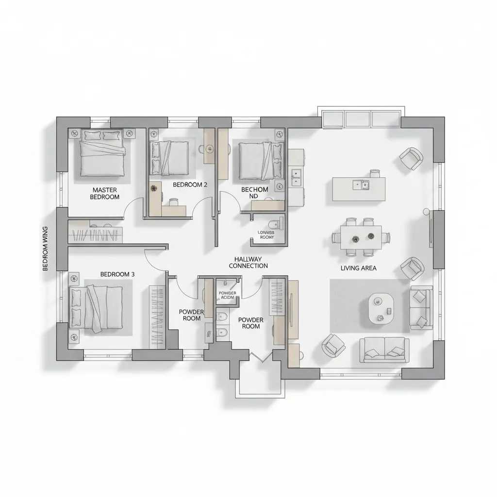 Architectural floor plan showing bedroom wing separated from living area