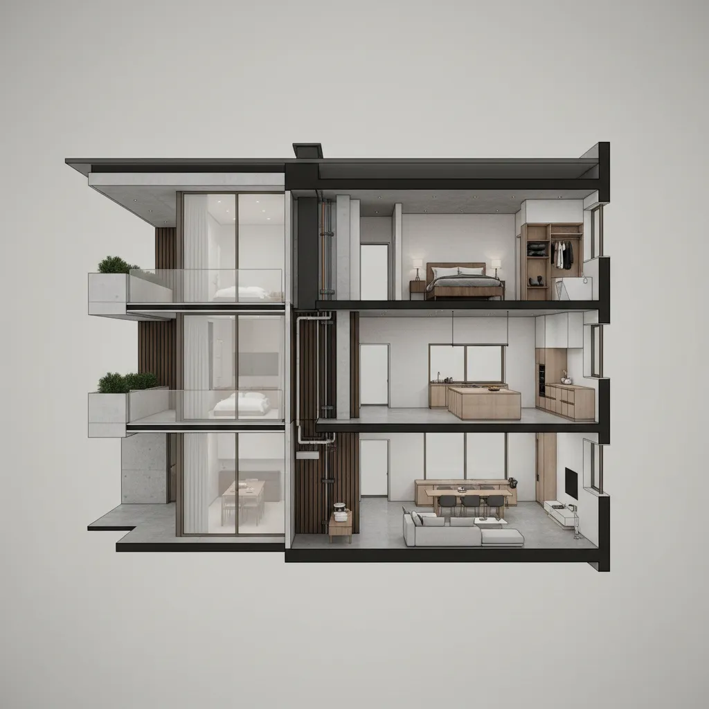 3D BIM model showing building elevation generated from architectural floor plan