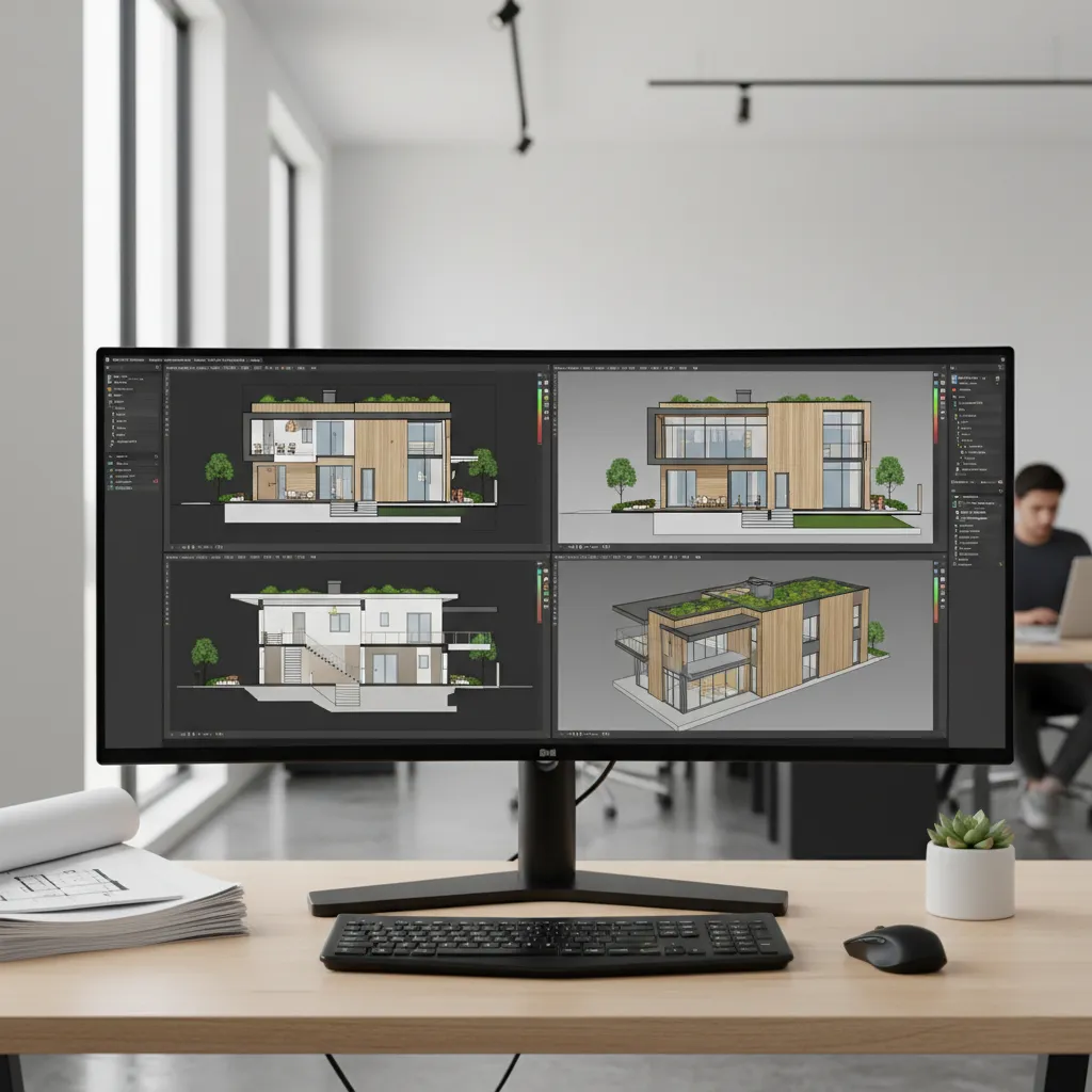 Architectural BIM software displaying coordinated building sections and floor plans