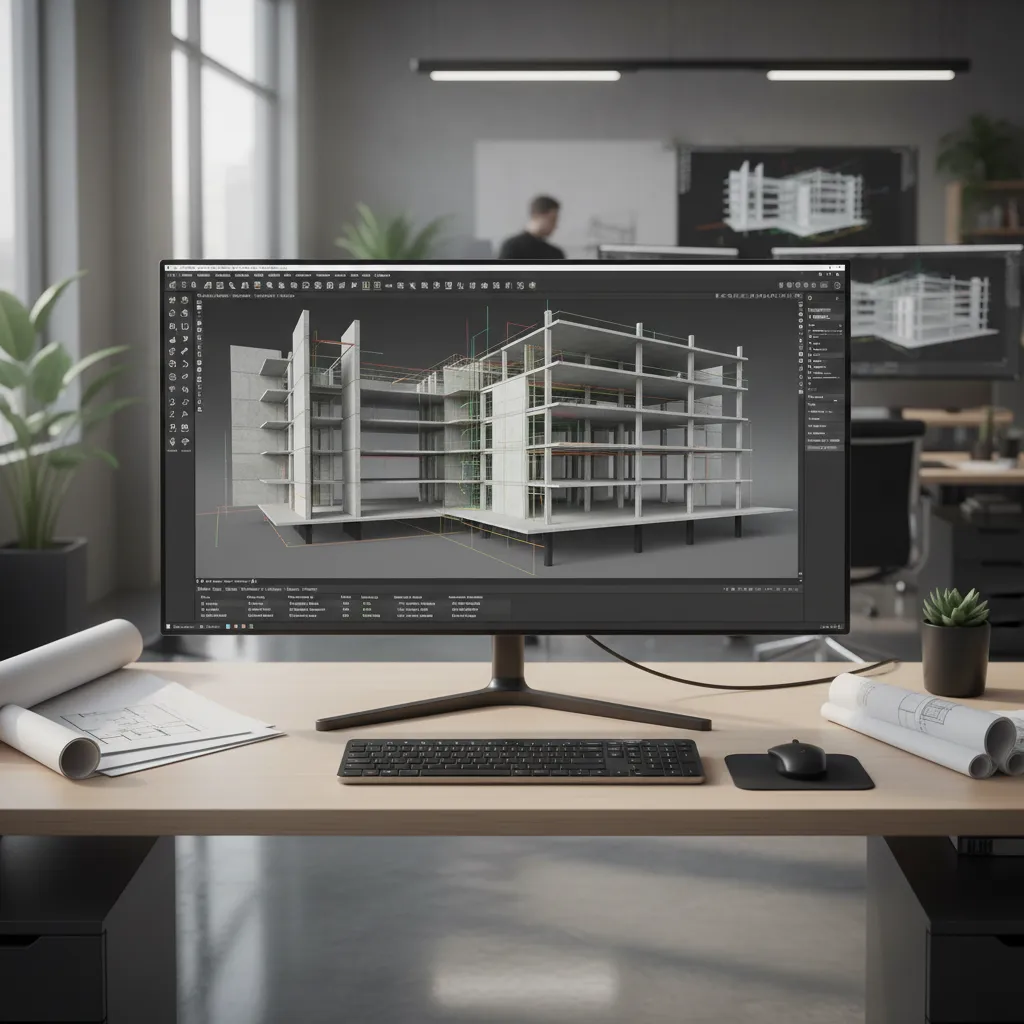 architectural BIM software showing detailed 3D building model from floor plan