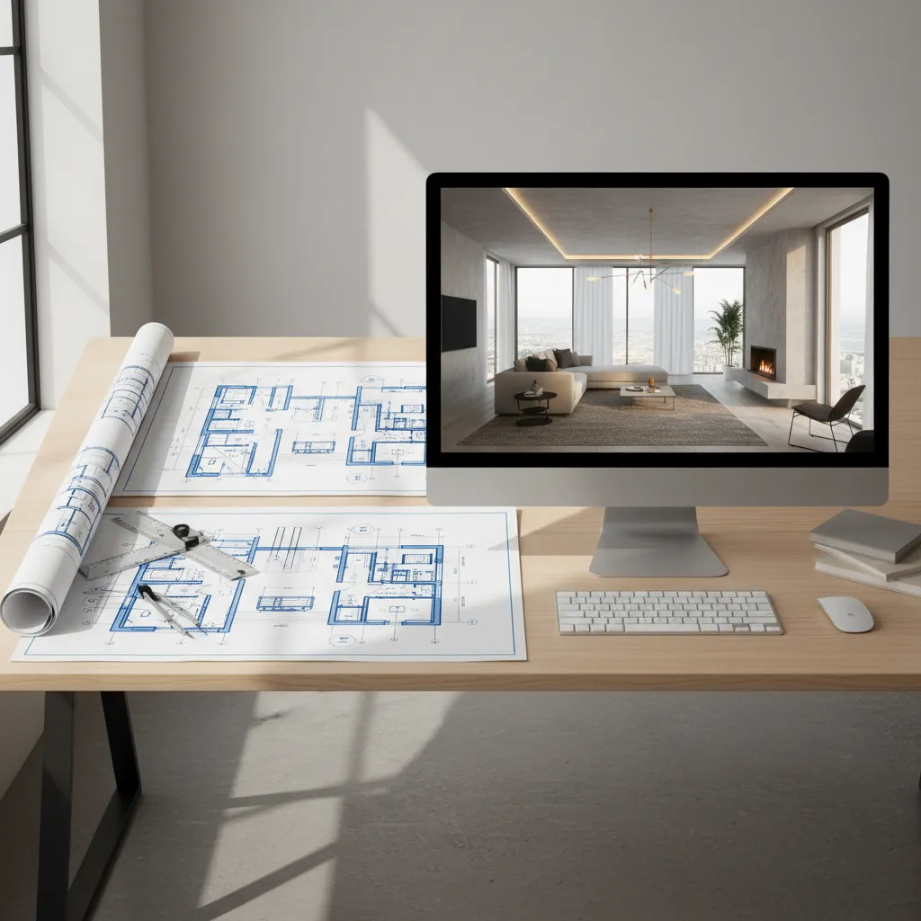 Comparison of architectural blueprint drawing and 3D rendering visualization