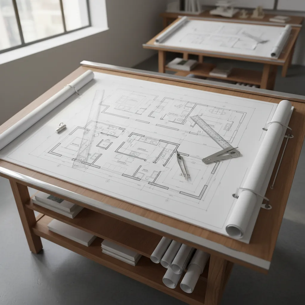 Architectural house blueprints spread across drafting table with tools