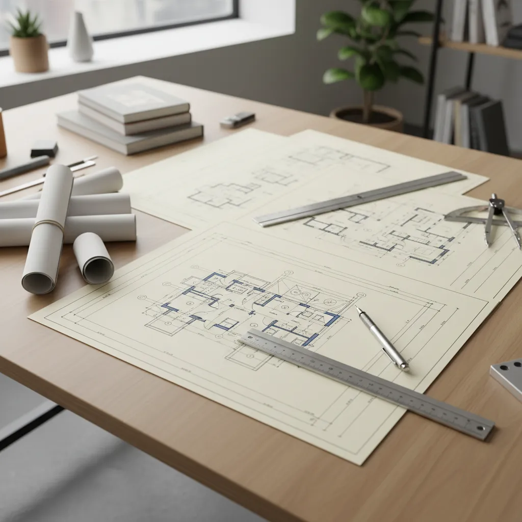 Architectural blueprints spread across a desk with drafting tools and measuring scale