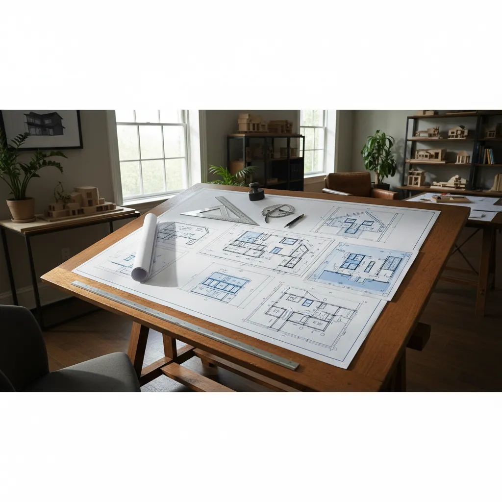 Detailed architectural blueprints spread across a drafting table