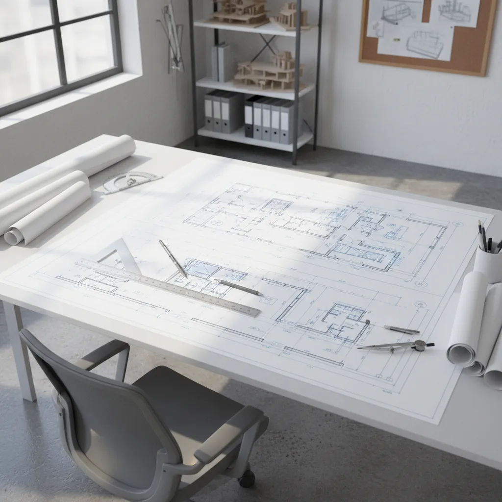 architectural blueprints and measuring tools on a work table