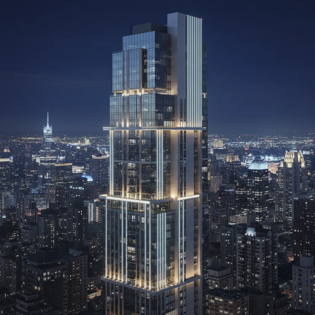 Tall modern apartment building at night with white vertical light fixtures above a city skyline