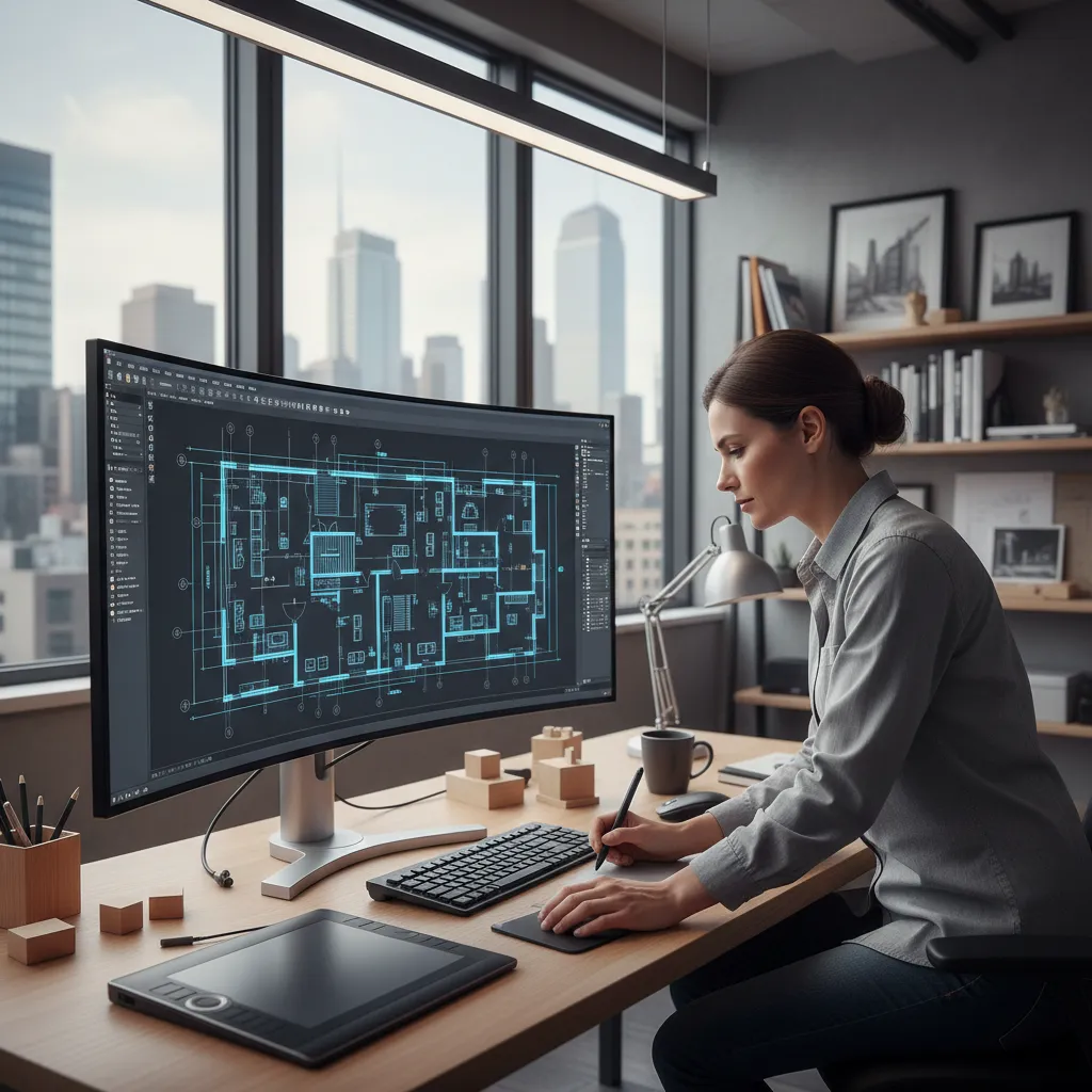 Professional architectural CAD floor plan drawing on computer